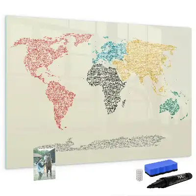 Beschrijfbaar glazen magneetbord met wereldkaart van letters