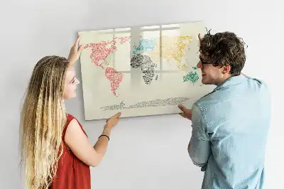 Beschrijfbaar glazen magneetbord met wereldkaart van letters