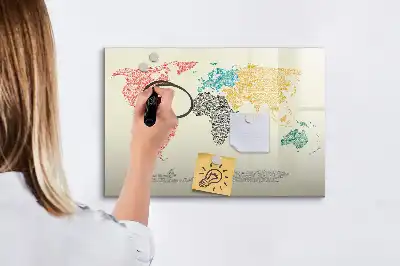 Beschrijfbaar glazen magneetbord met wereldkaart van letters