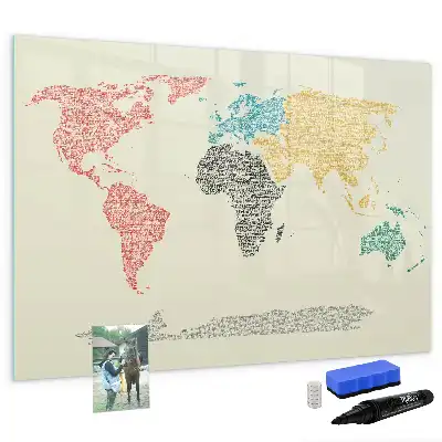Beschrijfbaar glazen magneetbord met wereldkaart van letters