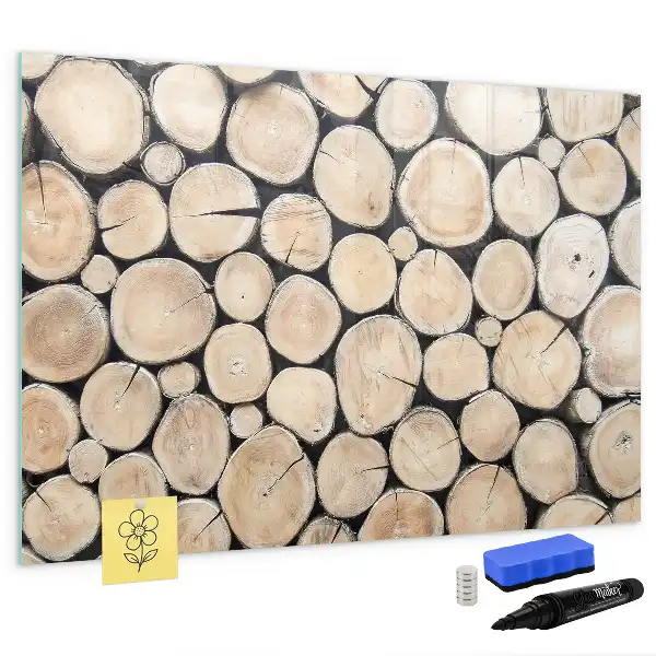 Magnetisch glazen schrijfbord voor notities en foto's inclusief gezaagde boomstammen
