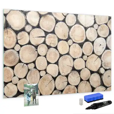 Magnetisch glazen schrijfbord voor notities en foto's inclusief gezaagde boomstammen