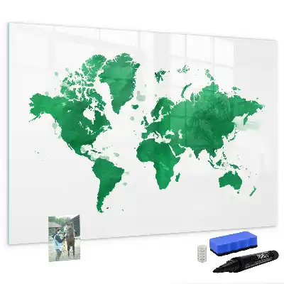 Beschrijfbaar glazen magneetbord met groene wereldkaart design