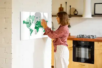 Beschrijfbaar glazen magneetbord met groene wereldkaart design
