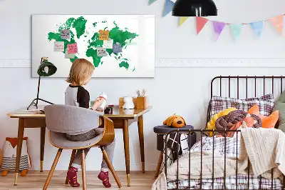 Beschrijfbaar glazen magneetbord met groene wereldkaart design