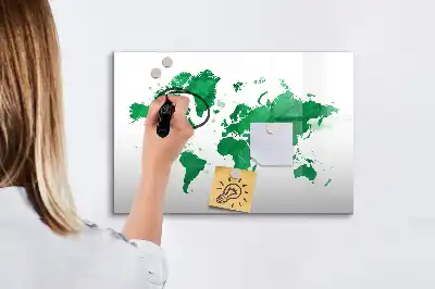 Beschrijfbaar glazen magneetbord met groene wereldkaart design