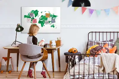 Beschrijfbaar glazen magneetbord met groene wereldkaart design
