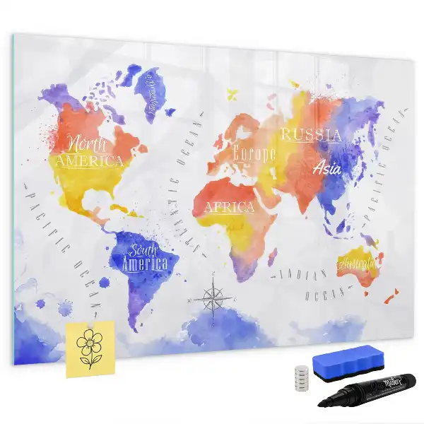 Magnetisch glazen schrijfbord met aquarel wereldkaart print