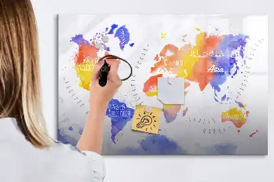 Magnetisch glazen schrijfbord met aquarel wereldkaart print