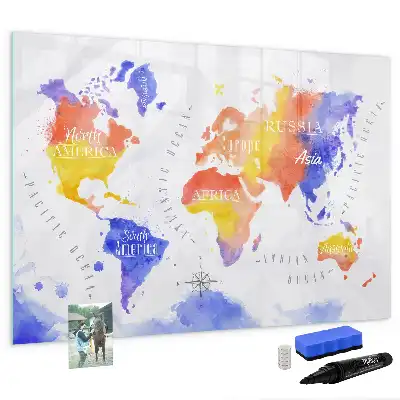 Magnetisch glazen schrijfbord met aquarel wereldkaart print