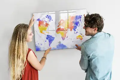Magnetisch glazen schrijfbord met aquarel wereldkaart print