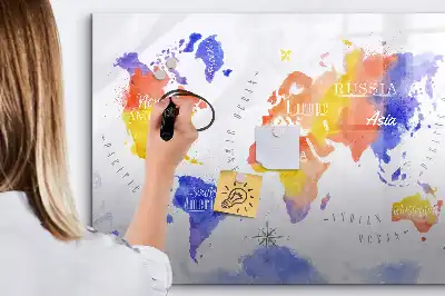 Magnetisch glazen schrijfbord met aquarel wereldkaart print