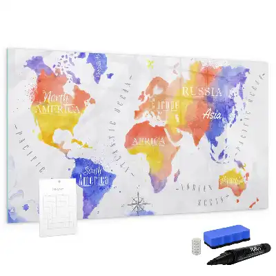 Magnetisch glazen schrijfbord met aquarel wereldkaart print