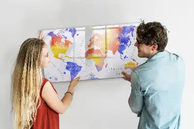 Magnetisch glazen schrijfbord met aquarel wereldkaart print