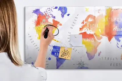 Magnetisch glazen schrijfbord met aquarel wereldkaart print