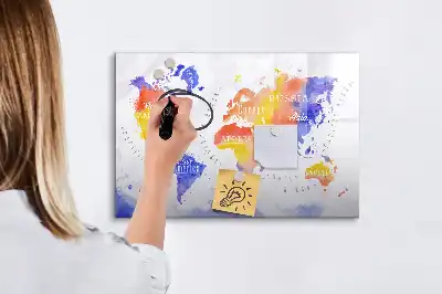 Magnetisch glazen schrijfbord met aquarel wereldkaart print