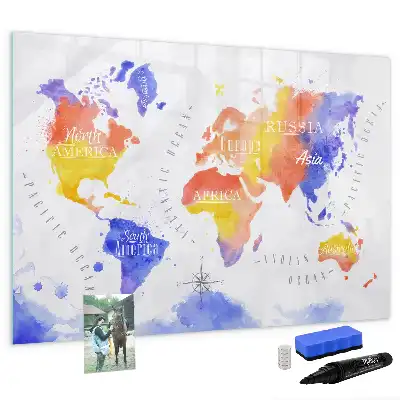 Magnetisch glazen schrijfbord met aquarel wereldkaart print