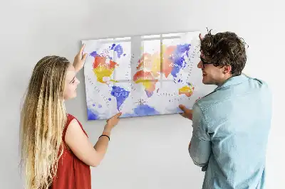Magnetisch glazen schrijfbord met aquarel wereldkaart print