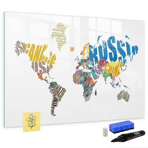 Magnetisch glazen schrijfbord met wereldkaart van tekst