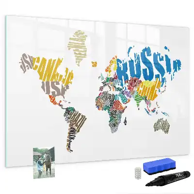 Magnetisch glazen schrijfbord met wereldkaart van tekst