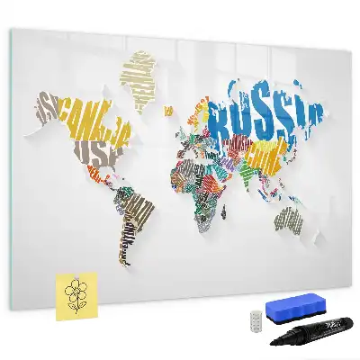 Beschrijfbaar glazen magneetbord met wereldkaart van tekst