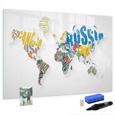 Beschrijfbaar glazen magneetbord met wereldkaart van tekst