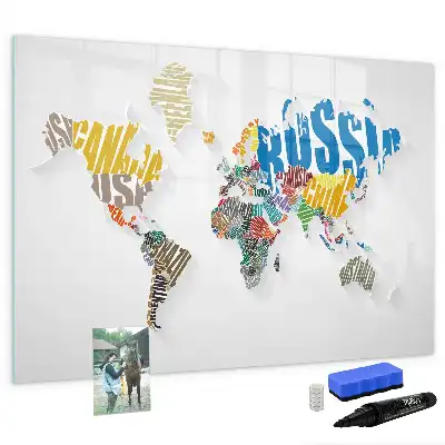 Beschrijfbaar glazen magneetbord met wereldkaart van tekst