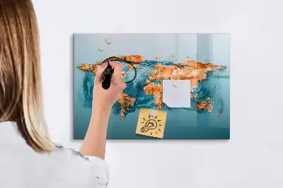 Magnetisch glazen schrijfbord met abstracte wereldkaart voor notities en foto's