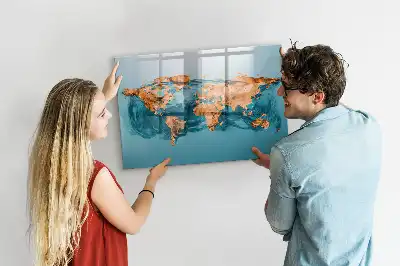 Magnetisch glazen schrijfbord met abstracte wereldkaart voor notities en foto's
