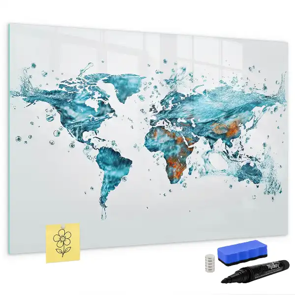 Beschrijfbaar glazen magneetbord met wereldkaart ontwerp van water