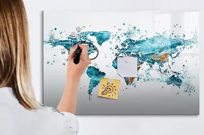 Beschrijfbaar glazen magneetbord met wereldkaart ontwerp van water