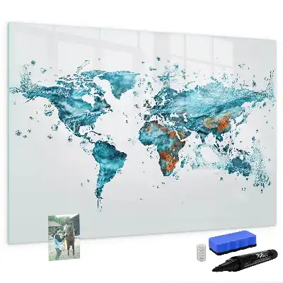 Beschrijfbaar glazen magneetbord met wereldkaart ontwerp van water
