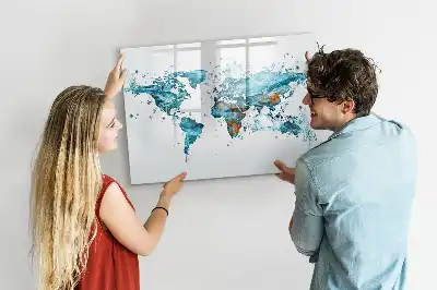 Beschrijfbaar glazen magneetbord met wereldkaart ontwerp van water
