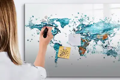 Beschrijfbaar glazen magneetbord met wereldkaart ontwerp van water