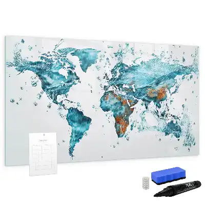 Beschrijfbaar glazen magneetbord met wereldkaart ontwerp van water