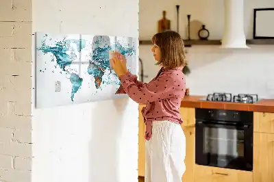 Beschrijfbaar glazen magneetbord met wereldkaart ontwerp van water