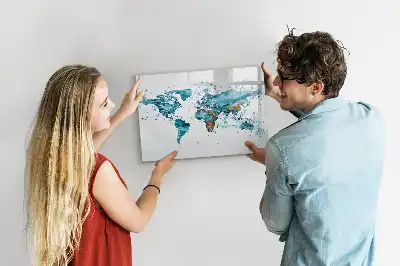 Beschrijfbaar glazen magneetbord met wereldkaart ontwerp van water