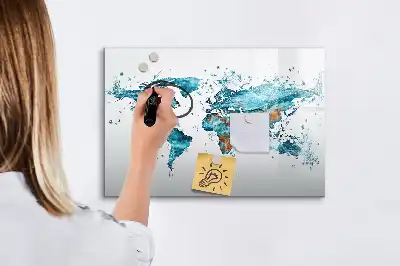 Beschrijfbaar glazen magneetbord met wereldkaart ontwerp van water
