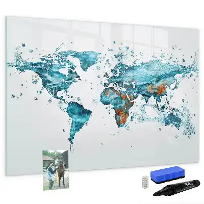 Beschrijfbaar glazen magneetbord met wereldkaart ontwerp van water