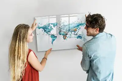 Beschrijfbaar glazen magneetbord met wereldkaart ontwerp van water