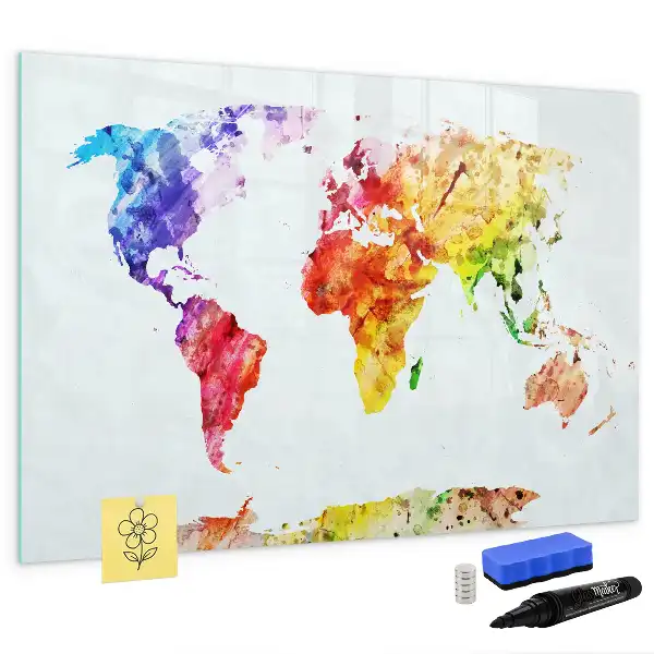 Magnetisch glazen schrijfbord met aquarel wereldkaart voor notities en foto's