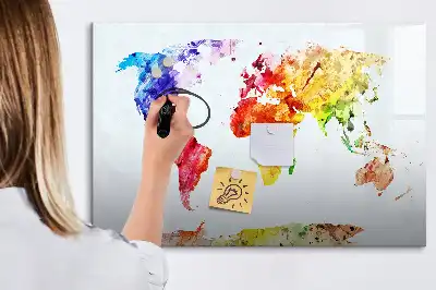 Magnetisch glazen schrijfbord met aquarel wereldkaart voor notities en foto's