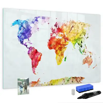 Magnetisch glazen schrijfbord met aquarel wereldkaart voor notities en foto's