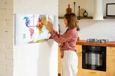 Magnetisch glazen schrijfbord met aquarel wereldkaart voor notities en foto's