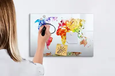 Magnetisch glazen schrijfbord met aquarel wereldkaart voor notities en foto's