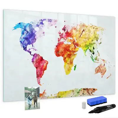 Magnetisch glazen schrijfbord met aquarel wereldkaart voor notities en foto's