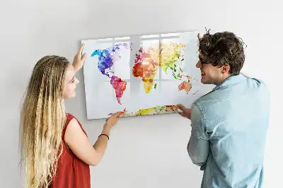 Magnetisch glazen schrijfbord met aquarel wereldkaart voor notities en foto's