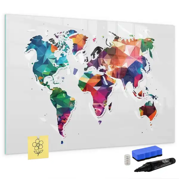 Beschrijfbaar glazen magneetbord met design van wereldkaart uit driehoeken
