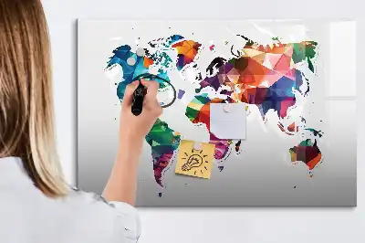 Beschrijfbaar glazen magneetbord met design van wereldkaart uit driehoeken