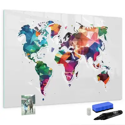 Beschrijfbaar glazen magneetbord met design van wereldkaart uit driehoeken